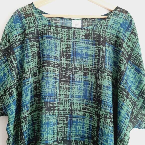 CABI Semisheer Asymmetrical Hem Light Blouse Top Green & Blue Sz L - Picture 3 of 10